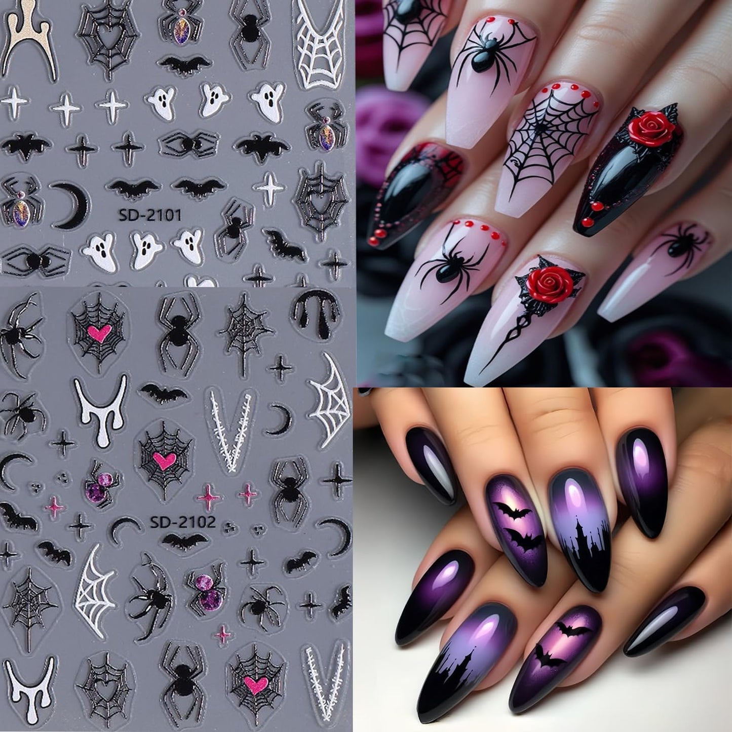6 Sheets Halloween Nail Art Stickers 3D Self -Adhesive Ghost Bat Spider Nail Decals Holographic Spider Web Skeleton Blood Drop Nail Stickers Halloween Nail Decoration for Women Manicure Supplies-Velvo Beauty