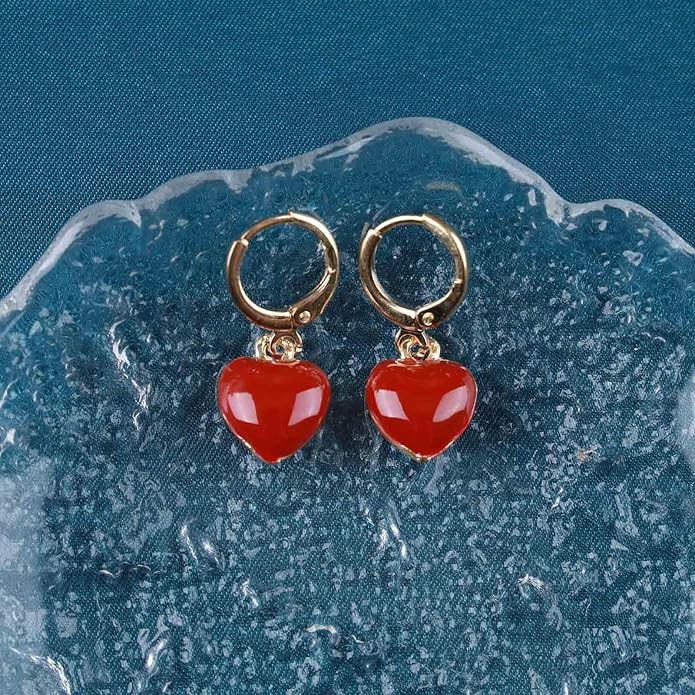 Vintage Heart Dangle earrings Red Coral Earrings Red Heart Love Huggie Earrings Gold Hoop Huggie Earrings Jewelry for Women-Velvo Beauty
