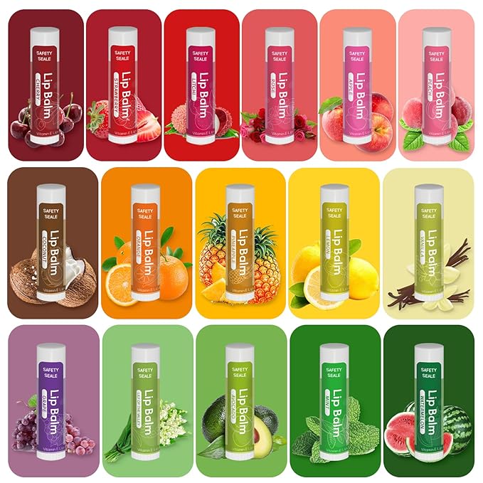 64 Pack Natural Lip Balm Bulk with Vitamin E and Coconut Oil Valentine's Day best choice - Moisturizing, Soothing, and Repairing Dry and Chapped Lips - 16 Flavors - Non-GMO-Velvo Beauty