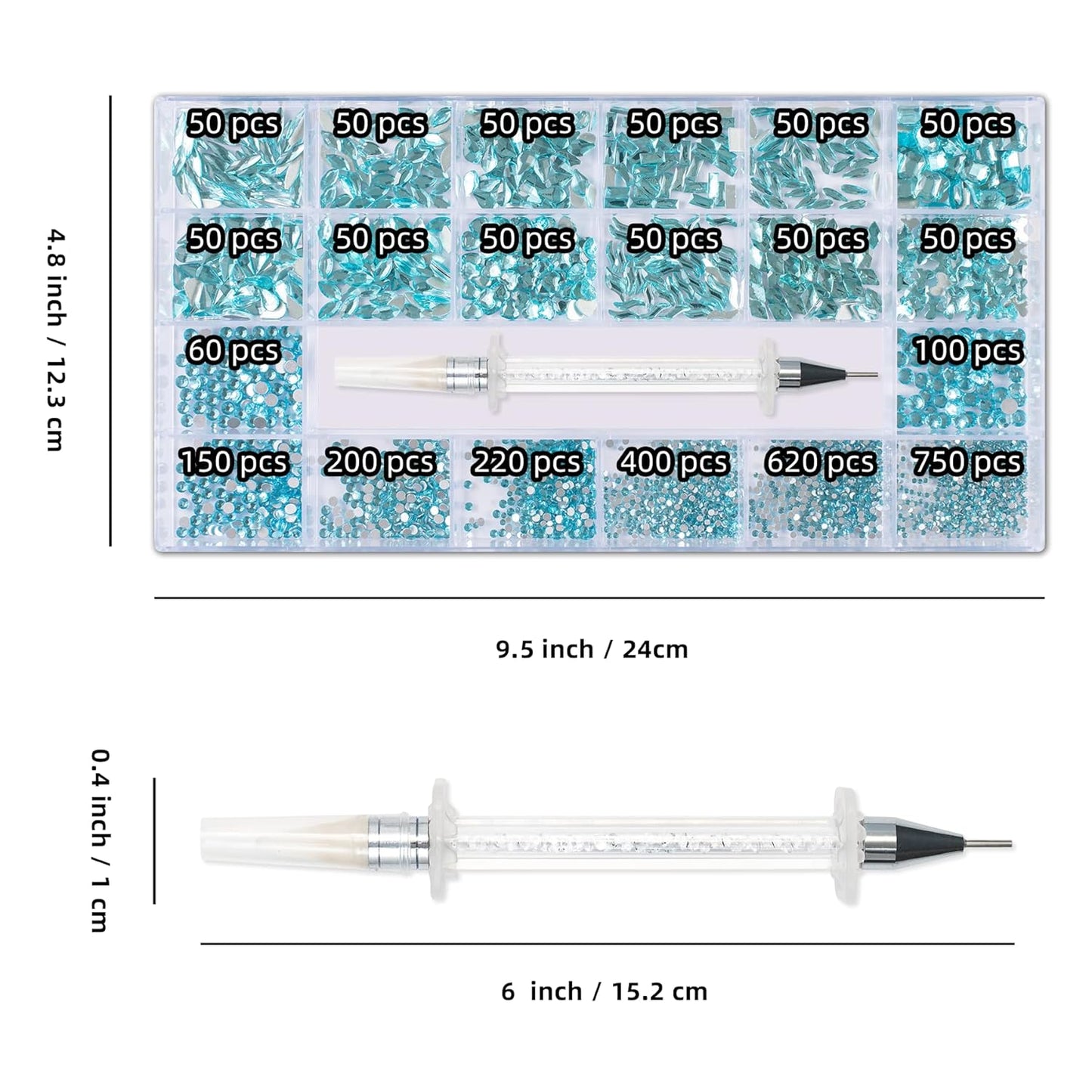 Nail Rhinestones Kit, Nail Art Decorations with Wax Pencil Flat AB Rhinestones Kit DIY Crafts Gemstones for Nail, Shoes, Clothes, Jewels (600 Aquamarine Diamonds + 2500 Flat Rhinestones)…-Velvo Beauty