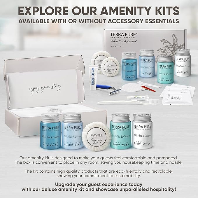 Terra Pure White Tea & Coconut Amenity & Accessory Kit |1oz Travel Size Shampoo, Conditioner, Lotion, Body Wash, 2 Cleansing Bars, Shave & Dental Sets, Make-Up Remover Wipes, & Vanity Kit | 15 Boxes-Velvo Beauty