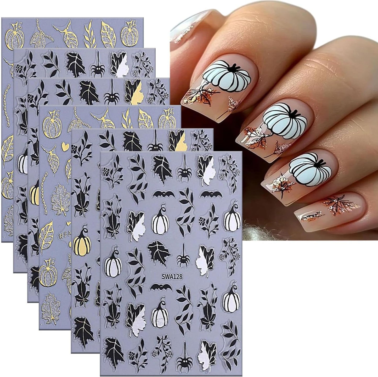 6 Sheets Halloween Nail Art Stickers 3D Self -Adhesive Pumpkin and Leaves Nail Decals Holographic Spider Bat Nail Stickers Halloween Nail Decoration for Women Manicure Supplies-Velvo Beauty