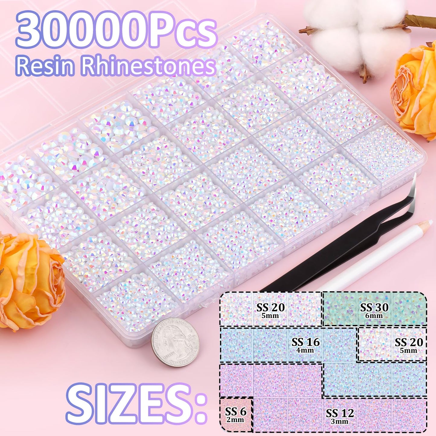 30000Pcs White AB Rhinestones for Bedazzling with B7000 Jewelry Glue, Bedazzler Kit Flatback Gems, Resin Rhinestones for Crafting Crafts Clothing Shoes Fabric Nail Art Assorted Size 2/3/4/5/6mm-Velvo Beauty