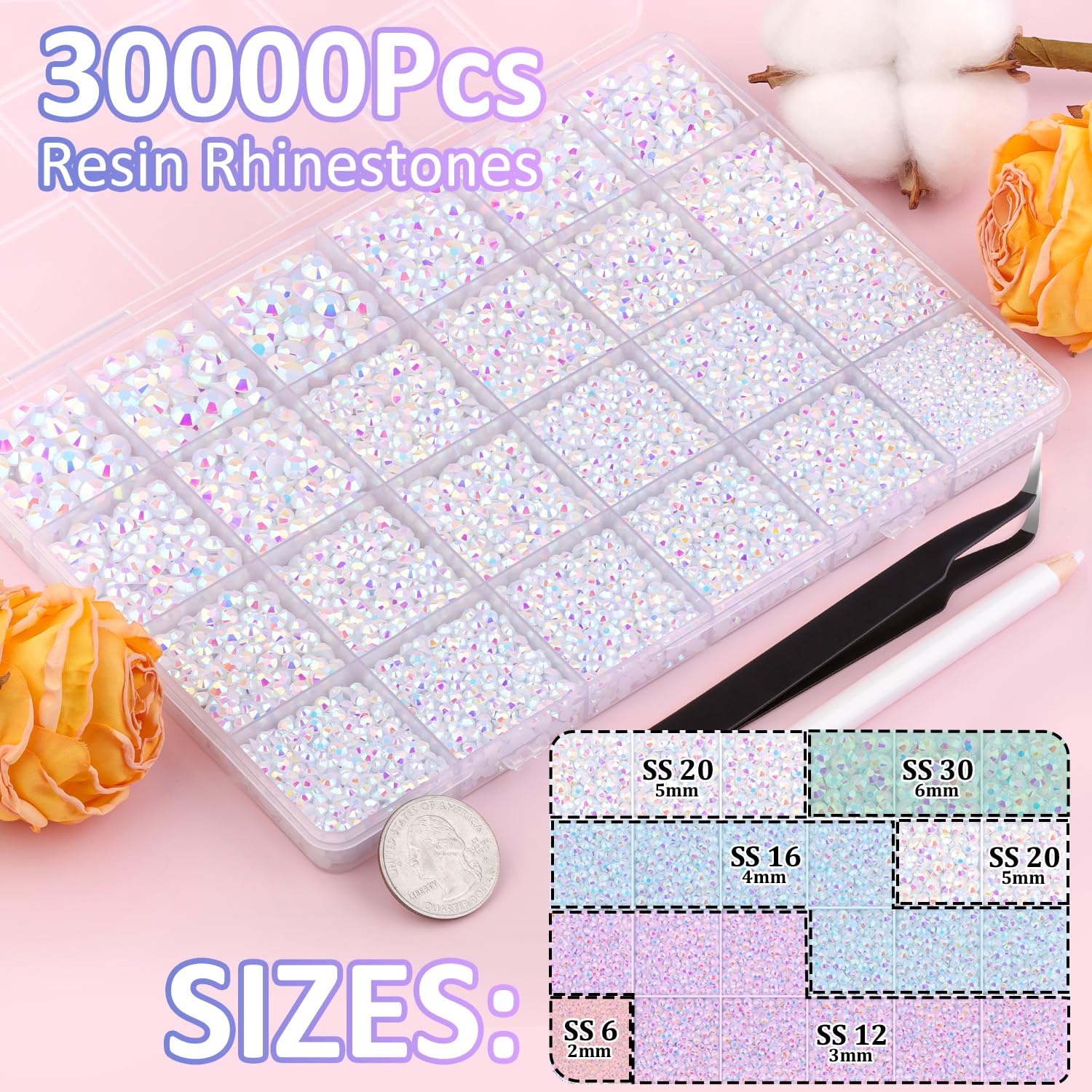 30000Pcs White AB Rhinestones for Bedazzling with B7000 Jewelry Glue, Bedazzler Kit Flatback Gems, Resin Rhinestones for Crafting Crafts Clothing Shoes Fabric Nail Art Assorted Size 2/3/4/5/6mm-Velvo Beauty