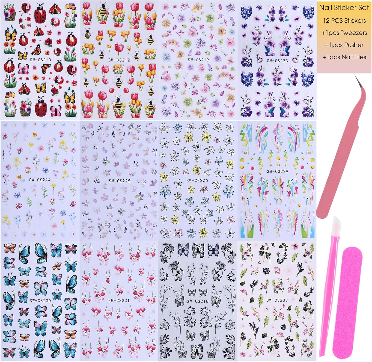 Flower Stickers Nail Art Decals 12PCS Summer Nail Art Designs with Tweezers Tulip Butterfly Leaf Florals Ladybug Decals 3D Self-Adhesive Manicure Simple Nail Stickers for Women Acrylic Nails Supplies-Velvo Beauty