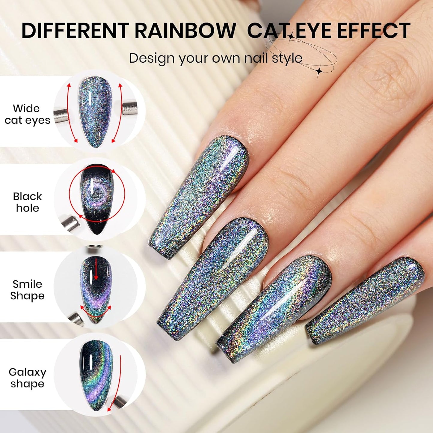 Rainbow Cat Eye Gel Polish - 15ml Holographic 9D Cat Eye with Magnetic Stick for a Glittery Iridescent Galaxy Effect Soak Off UV Lamp Perfect for Nail Art & DIY Manicures at Home-Velvo Beauty