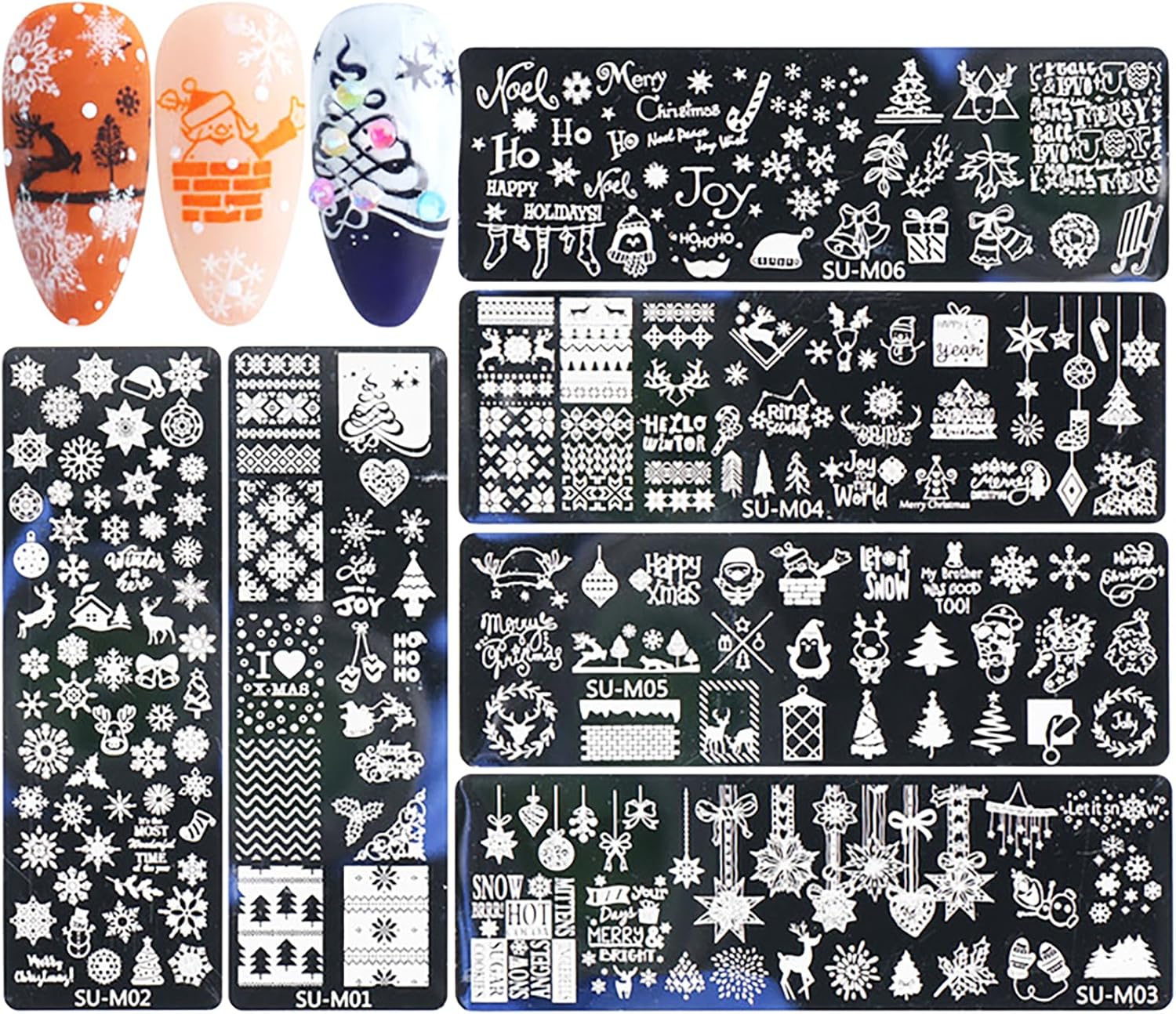 Christmas Nail Art Stamping Plate Kit,Snowflake Snowman Christmas Tree Elk Designs Nail Image Stamp Template Xmas DIY Stainless Steel Nail Image Polish Template Kit 6Pcs-Velvo Beauty