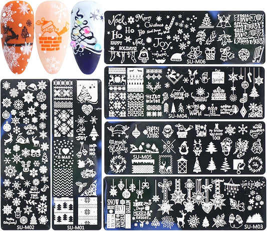 Christmas Nail Art Stamping Plate Kit,Snowflake Snowman Christmas Tree Elk Designs Nail Image Stamp Template Xmas DIY Stainless Steel Nail Image Polish Template Kit 6Pcs-Velvo Beauty
