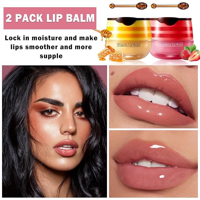 NVLEPTAP 2PCS Bee Lip Balm Honey Pot Honey & Strawberry Lip Balm Moisturizing Honey Lip Mask Lip Care Products Lip Balm with Wand-Velvo Beauty