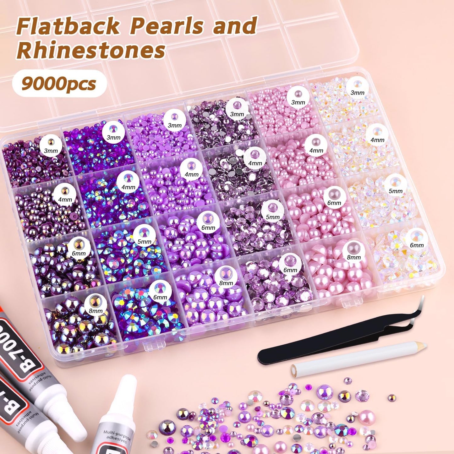 9000PCS Flatback Pearls and Rhinestones for Crafting, Purple 3-10mm Resin Rhinestones and Half Pearls for Bedazzling, Nail Art and Dec with 3pcs B7000 Jewelry Glue, Tweezer and Pickup Pencil-Velvo Beauty