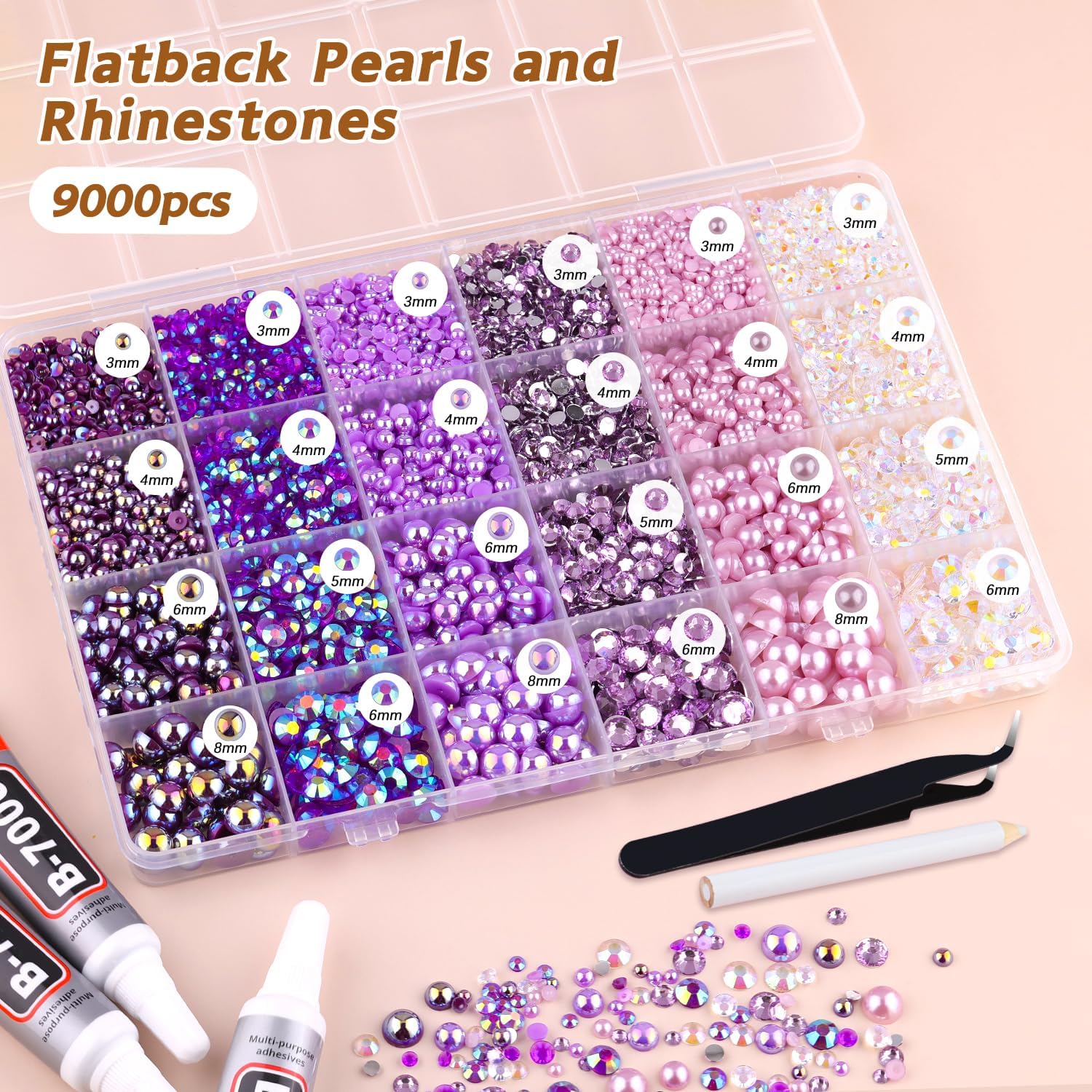 9000PCS Flatback Pearls and Rhinestones for Crafting, Purple 3-10mm Resin Rhinestones and Half Pearls for Bedazzling, Nail Art and Dec with 3pcs B7000 Jewelry Glue, Tweezer and Pickup Pencil-Velvo Beauty