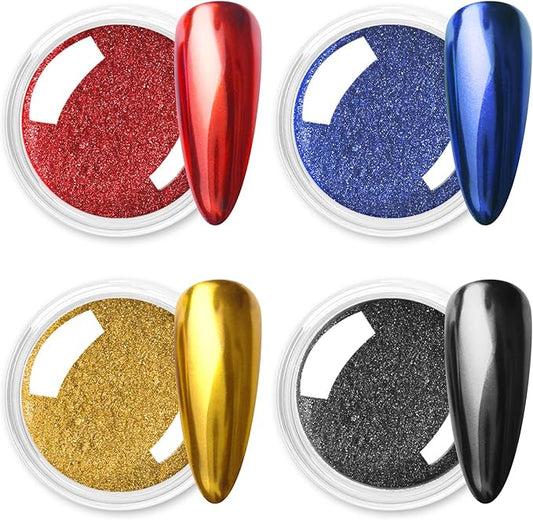 Allstarry Chrome Nail Powder 4 Colors Metallic Mirror Effect Powder Manicure Chrome Pigment Magic Glitter Dust Kit for Gel Polish Nail Art Decoration with 4 Sponge Sticks - Ruby Sapphire Series-Velvo Beauty