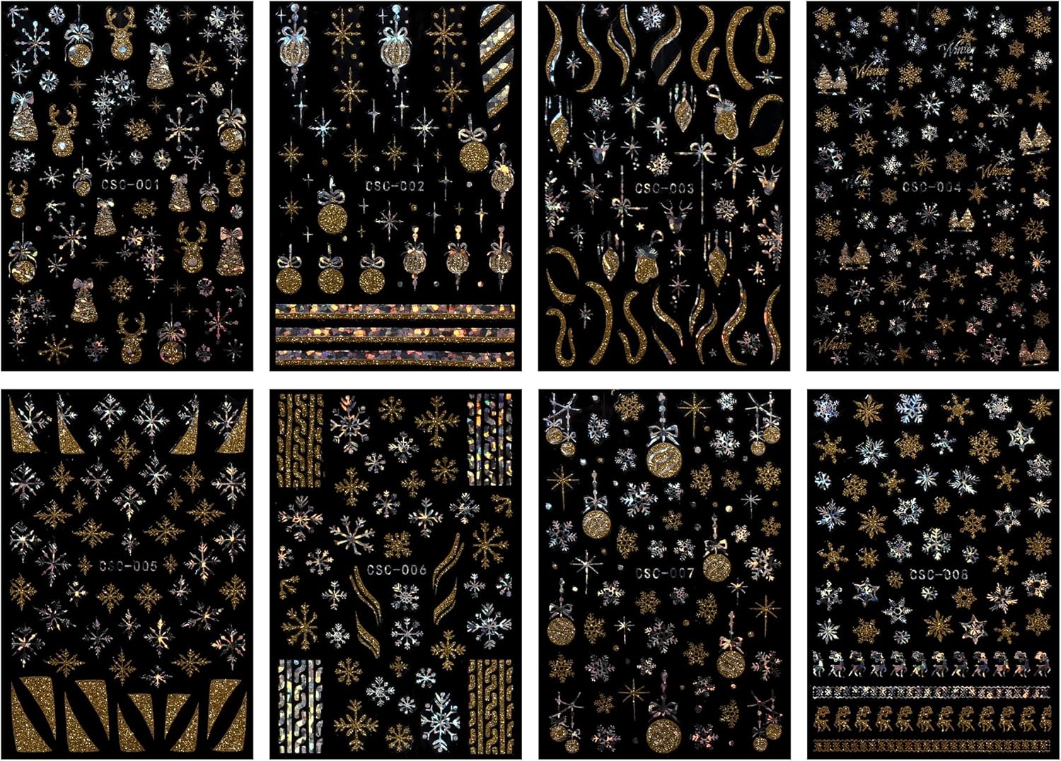 JMEOWIO 8 Sheets Christmas Gold Glitter Silver Nail Art Stickers Decals Self-Adhesive Snowflake Winter Holiday Nail Supplies Nail Art Design Decoration Accessories-Velvo Beauty
