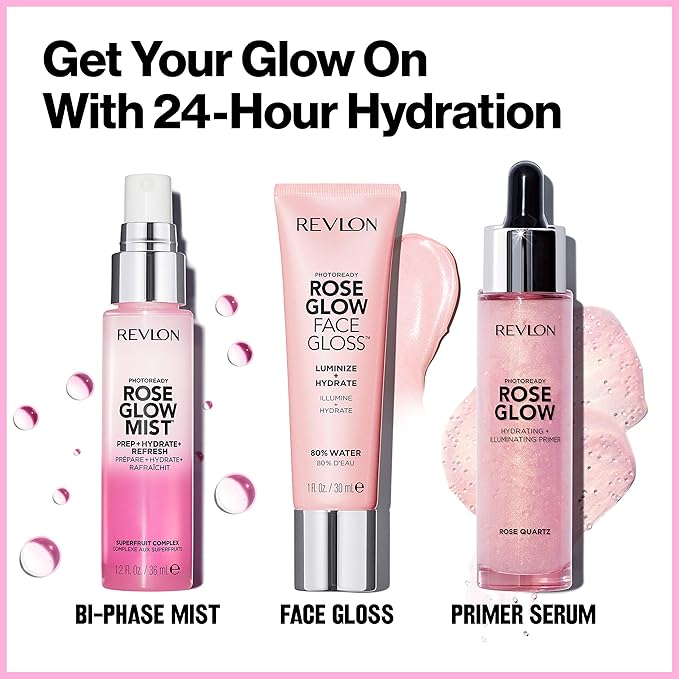 Revlon Face Primer, PhotoReady Face Gloss Rose Glow, Face Makeup for All Skin Types, Hydrates, Illuminates & Moisturizes, Infused with Glycerin & Olive Oil Extract, 80% Water, 1 Fl Oz-Velvo Beauty