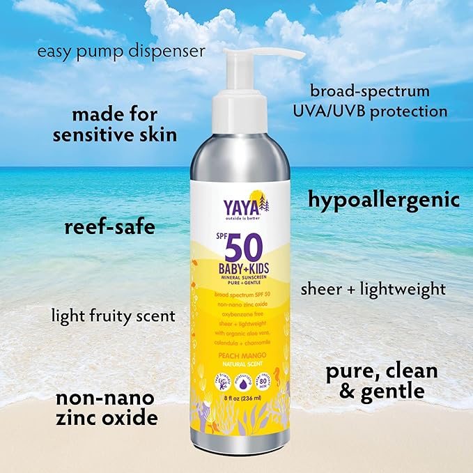 YAYA ORGANICS Baby + Kids Mineral Sunscreen Lotion, SPF 50, Reef-Friendly, Non-Nano Zinc Oxide, Water-Resistant, Hypoallergenic, Pure + Gentle for delicate skin, 8 oz-Velvo Beauty