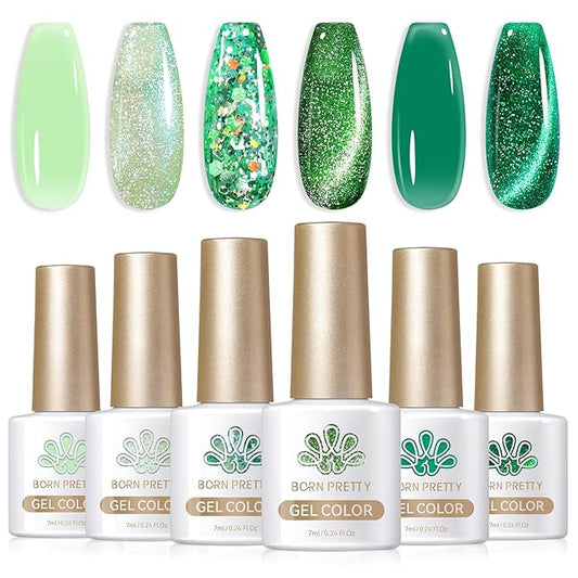 Born Pretty Gel Nail Polish Green Series,Jelly Transparent Gel Nail Polish, Cat Magnetic Eye,Shimmer Glitter Holographic Green Gel Polish Kit for Salon Manicure and Nail Art DIY at Home 6PCS 7ml-Velvo Beauty