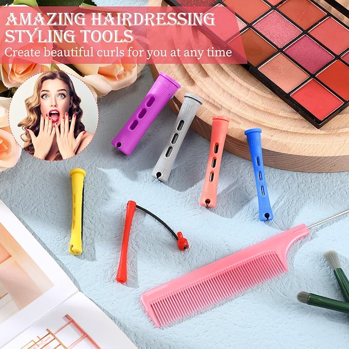 48 Pieces Hair Perm Rods Short Cold Wave Rods Plastic Perming Irons Hair Curling Rollers Curlers with Steel Pintail Comb Rat Tail Comb for Hairdressing Styling Supplies(6 Sizes,6 Colors)-Velvo Beauty