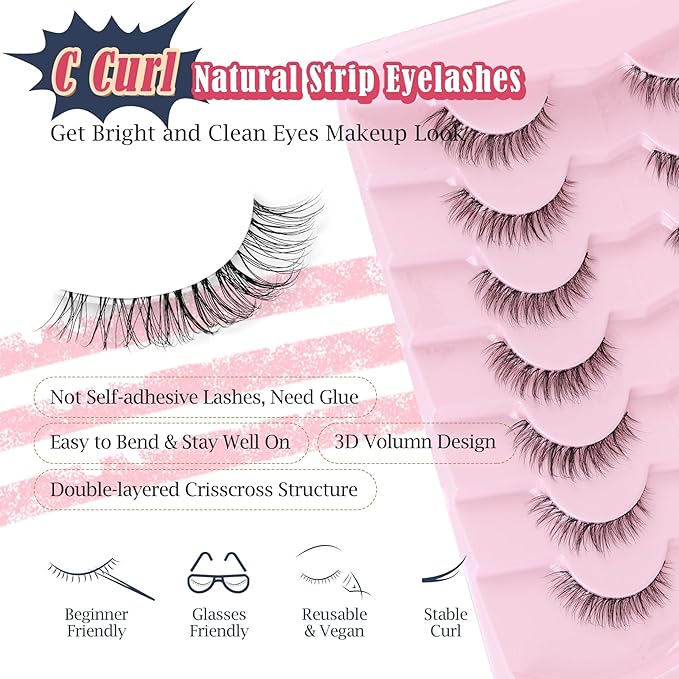 Natural Lashes False 11mm Short Eyelashes Wispy C Curl Eye Lashes Pack with Thin Cotton Band Fake Eyelash 3D Volume For Daily Siligli Lash 7 Pair-Velvo Beauty