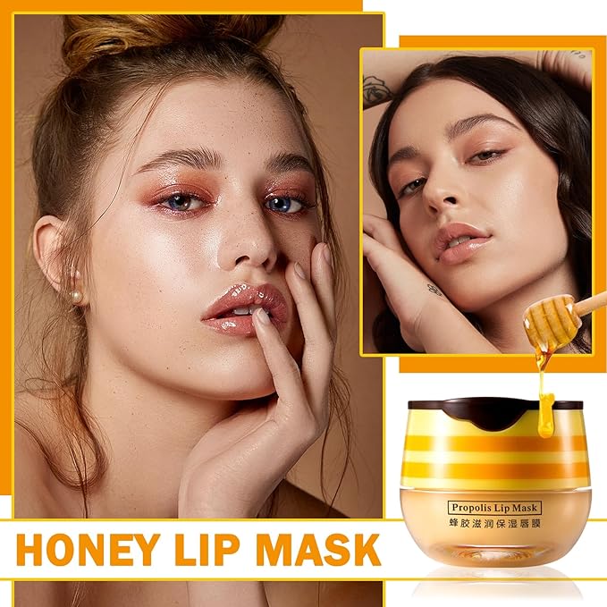 Lip Balm Honey Pot,Moisturizing Lip Balm Reduces Lip Lines,Propolis Honey Pot Lip Balm Hydrating Prevention Dry and Cracked Lip Scrubs Exfoliator,Exfoliating Lip Sleeping Mask with Brush-Velvo Beauty