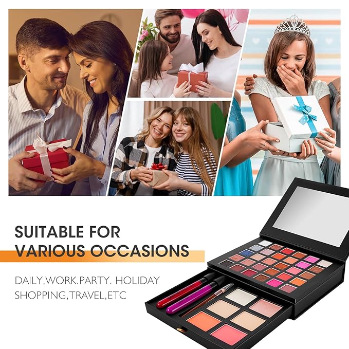 All in One Makeup Kit,Makeup Palette Includes 30 Color Eyeshadow, 2 Color Highlighter，2 Color Pressed Powder，2 Color Blusher，2 Pcs lip gloss，1 Pcs Eyepencil, Mirror,Makeup Gift Set for Women (017Y)-Velvo Beauty
