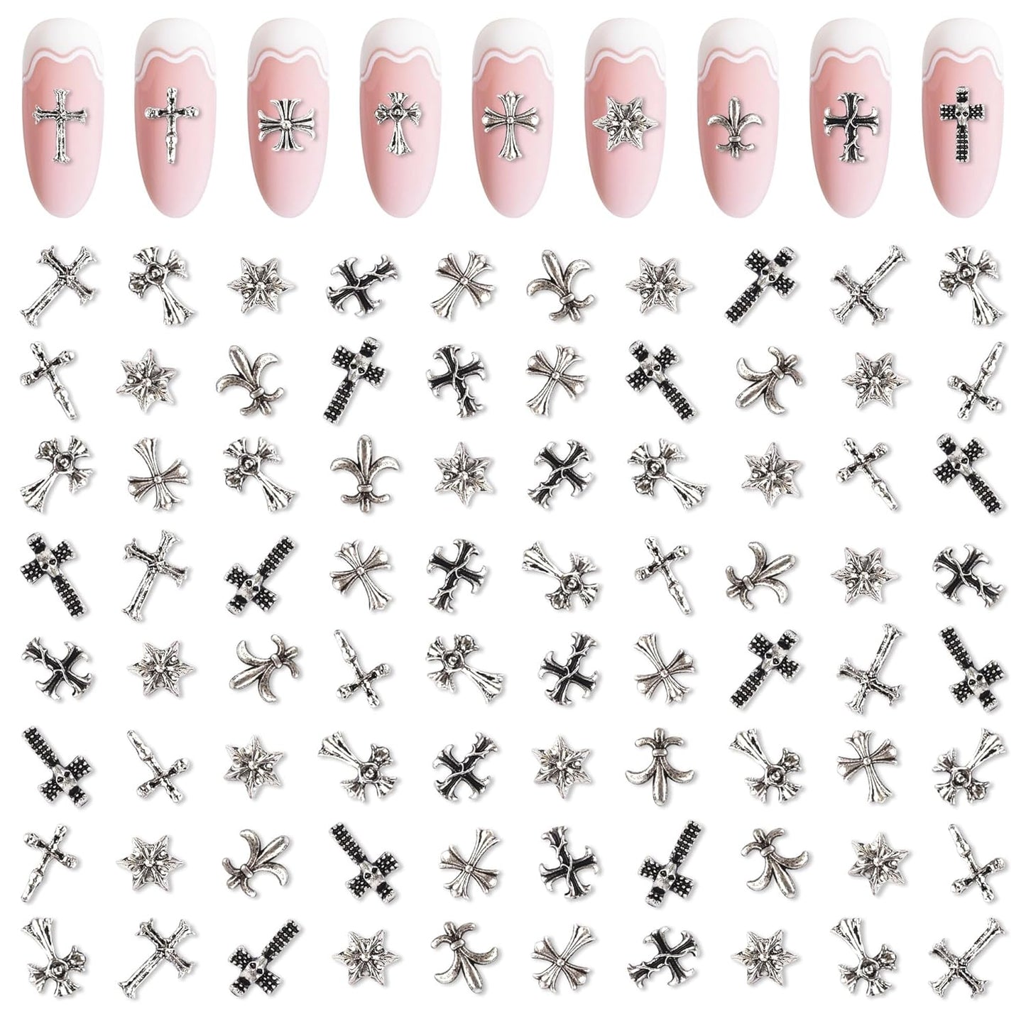Artdone Nail Art Studs Kit, 3D Silver Cross Nail Charms and Star Gems Bulk Nail Jewels Shiny Crosses for DIY Professional Manicures Decoration-Velvo Beauty