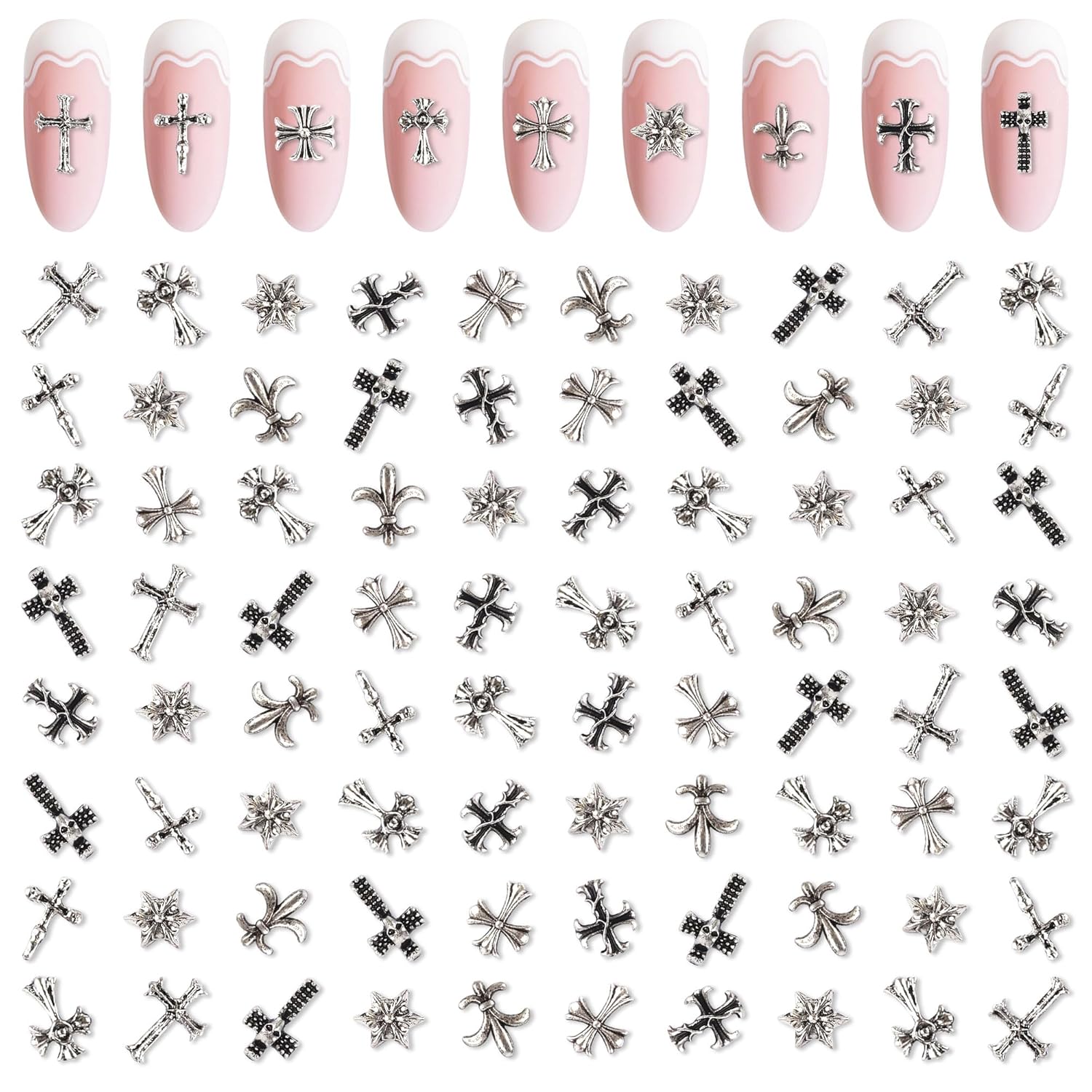 Artdone Nail Art Studs Kit, 3D Silver Cross Nail Charms and Star Gems Bulk Nail Jewels Shiny Crosses for DIY Professional Manicures Decoration-Velvo Beauty