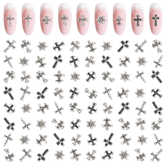 Artdone Nail Art Studs Kit, 3D Silver Cross Nail Charms and Star Gems Bulk Nail Jewels Shiny Crosses for DIY Professional Manicures Decoration-Velvo Beauty