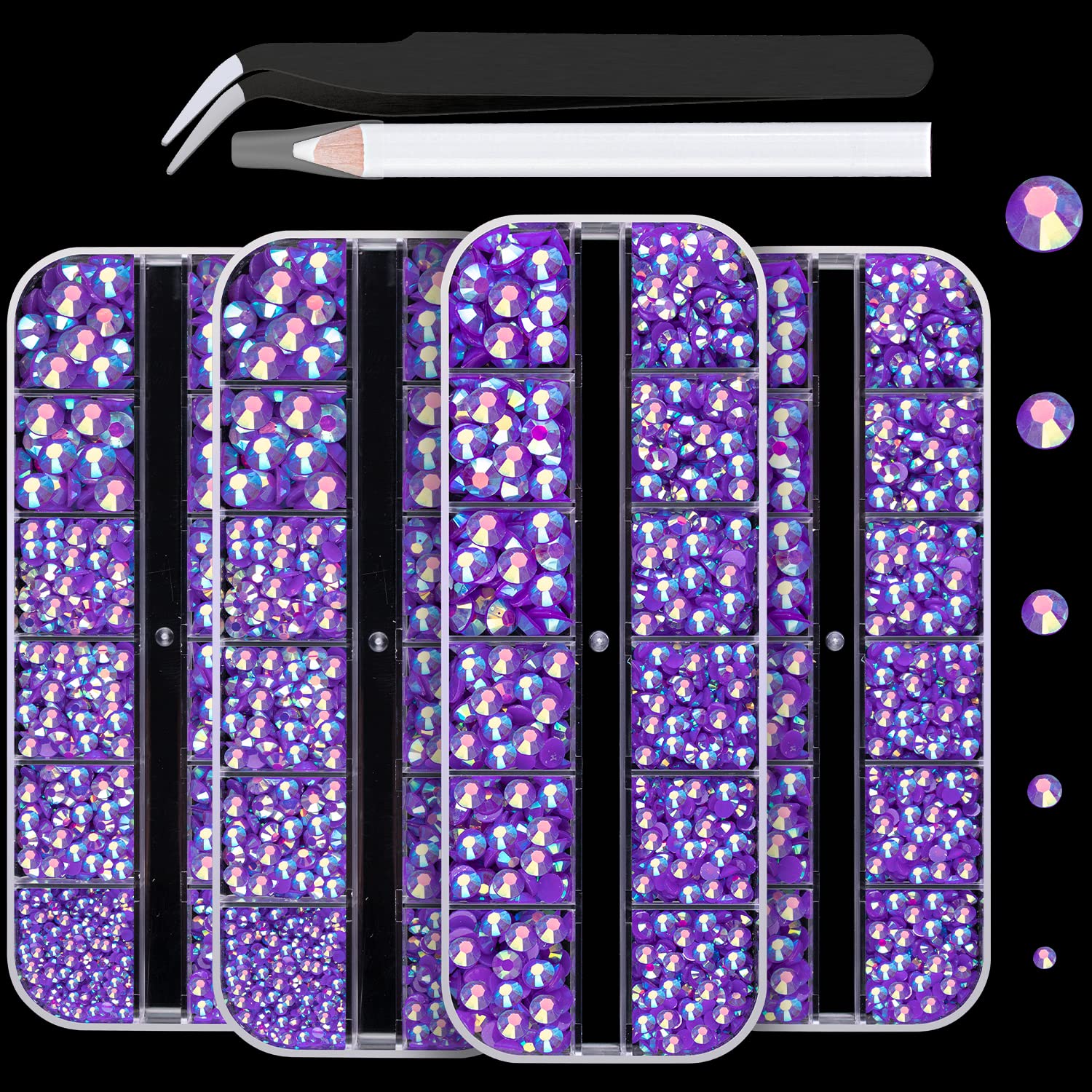 7000PCS Resin Rhinestones with Tweezers for Crafting, 2/3/4/5/6mm Flatback Jelly Rhinestones, 4 Box Dark Purple AB Non Hotfix Crystal Gems for DIY Crafts Mugs Tumblers Clothes Makeup Nail-Velvo Beauty