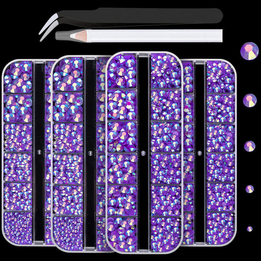 7000PCS Resin Rhinestones with Tweezers for Crafting, 2/3/4/5/6mm Flatback Jelly Rhinestones, 4 Box Dark Purple AB Non Hotfix Crystal Gems for DIY Crafts Mugs Tumblers Clothes Makeup Nail-Velvo Beauty
