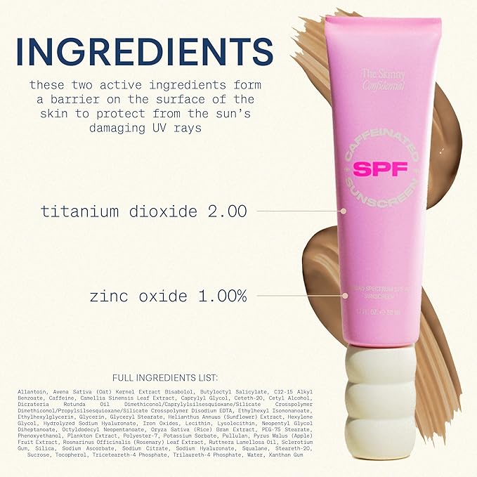 The Skinny Confidential Caffeinated Mineral Sunscreen, SPF 40 - Fragrance-Free Face Sunscreen with No White Cast - Non-Greasy & Lightweight Sun Screen Lotion Reduce Wrinkles, Redness & Puffiness-Velvo Beauty