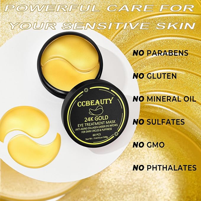 CCbeauty 24K Gold Under Eye Patches for Puffy Eyes, Dark Circles and Puffiness, Collagen Hydrating Mask Skincare, Gel Pads for Eye Bags and Wrinkles Under Eye Treatment,30pairs-Velvo Beauty