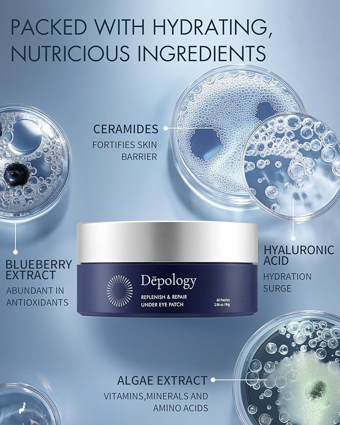 depology Replenish & Repair Under Eye Patches for Puffy Eyes, Wrinkles (60 Patches) | Hydrating with Ceramides and Hyaluronic Acid for All Skin Types | Botanical Extracts Eye Gel Pads 2.96 fl oz-Velvo Beauty