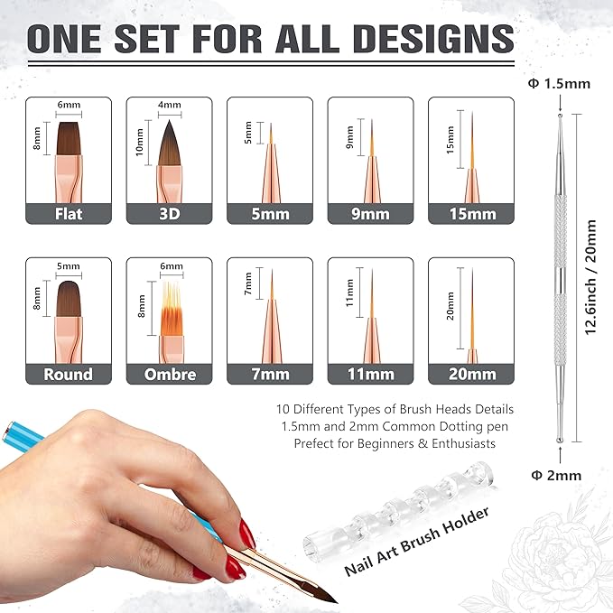 Nail Art Bushes Set, Professional 5Pcs Double-Ended Nail Brush Kit for Details, Long Lines, Ombre & 3D Design-Perfect for DIY Manicures & Salons (Blue)-Velvo Beauty