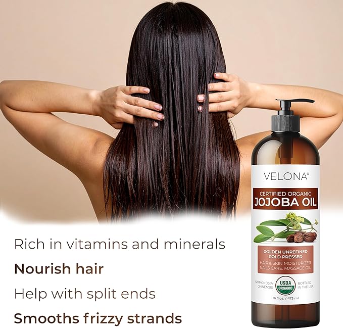 velona Jojoba Oil USDA Certified Organic - 16 fl oz (With Pump) | 100% Pure and Natural | Golden, Unrefined, Cold Pressed, Hexane Free | Moisturizing Face, Hair, Body, Skin Care-Velvo Beauty