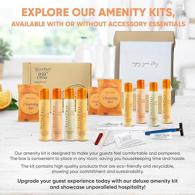Terra Pure Amenity & Accessory Kit |1 oz Travel Size Shampoo, Conditioner, Lotion, Body Wash, 2 Cleansing Bars, Shave & Dental Sets, Make-Up Remover Wipes, & Vanity Kit | 15 sets per case-Velvo Beauty