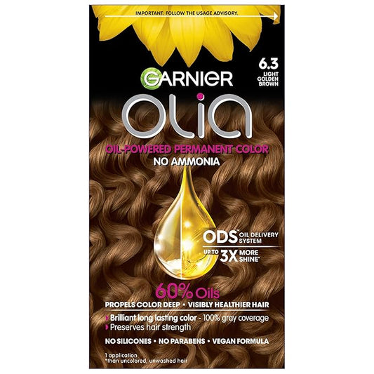 Garnier Hair Color Olia Ammonia-Free Brilliant Color Oil-Rich Permanent Hair Dye, 6.3 Light Golden Brown, 1 Count (Packaging May Vary)-Velvo Beauty