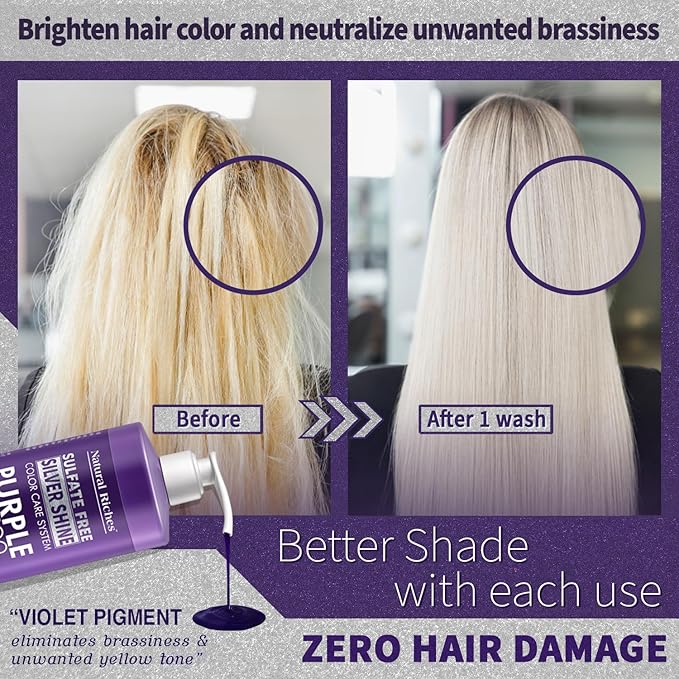 Natural Riches Radiant Silver Shine Purple Shampoo and Conditioner Set for Gray Hair - Paraben-Free and Color Safe – With Silk Proteins, Tones Dull Hair, Softens & Adds Shine - 16 fl oz-Velvo Beauty