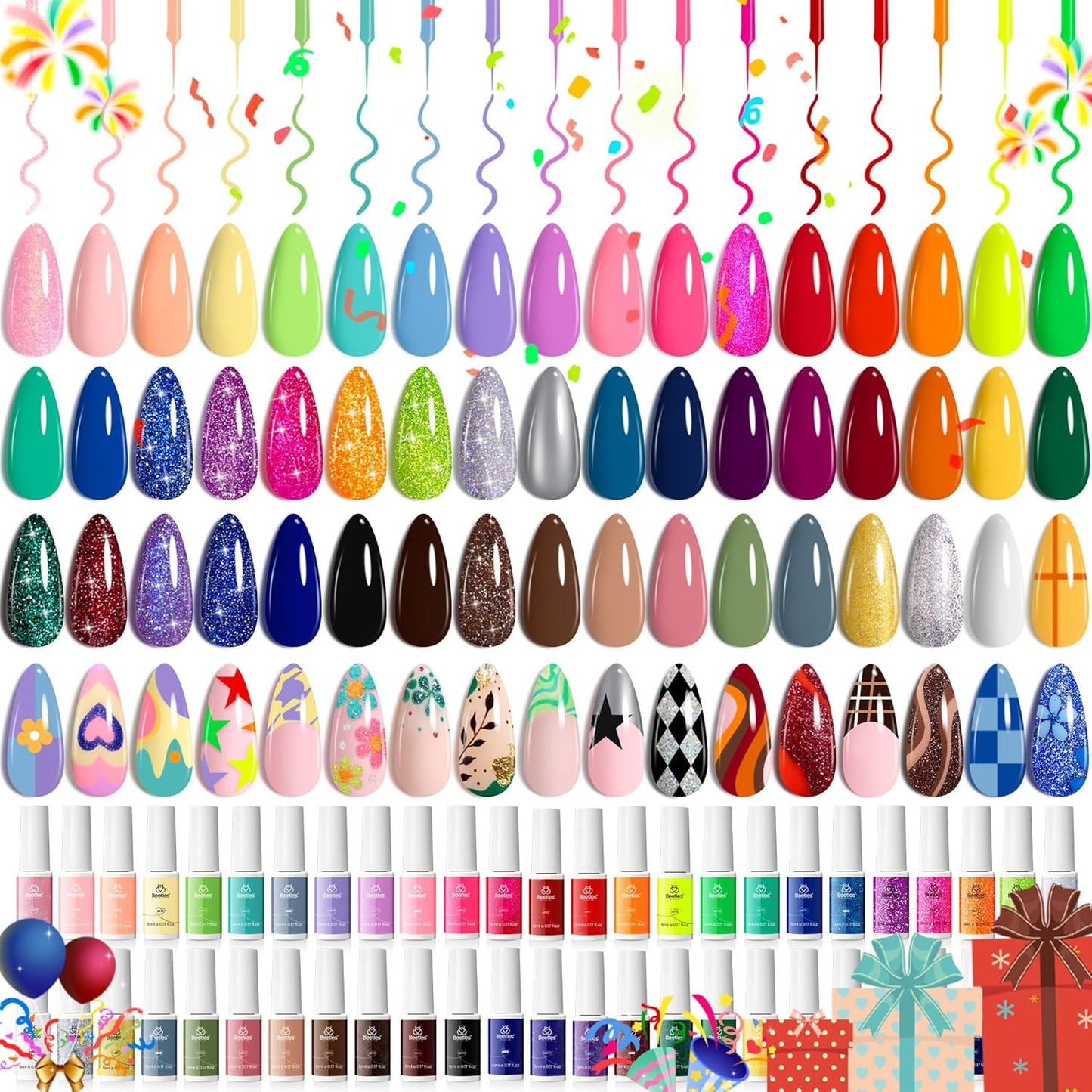 Beetles Gel Polish Liner Nail Art Set, 50 Colors Spring Summer Reflective Glitter Pink Red Blue Green Silver Gel Polish Soak Off UV Built Thin Brush in Bottle Nail Design Polish Rainbow Nails-Velvo Beauty