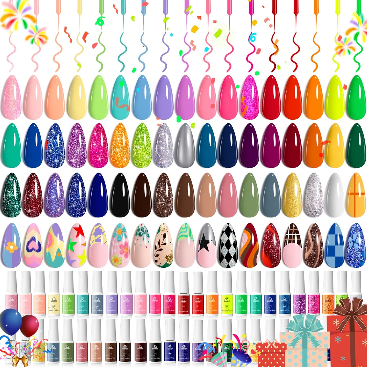 Beetles Gel Polish Liner Nail Art Set, 50 Colors Spring Summer Reflective Glitter Pink Red Blue Green Silver Gel Polish Soak Off UV Built Thin Brush in Bottle Nail Design Polish Rainbow Nails-Velvo Beauty