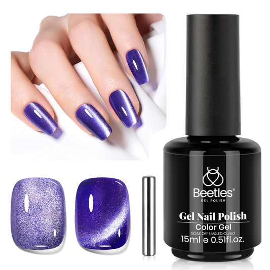 Beetles Cat Eye Gel Nail Polish, 15ML Purple Cat Eye Holographic Glitter Gel Polish with Magnet Soak Off UV Shimmer Velvet Gel Celestial Veil Series French Nail Art Design Manicure Gifts for Women-Velvo Beauty