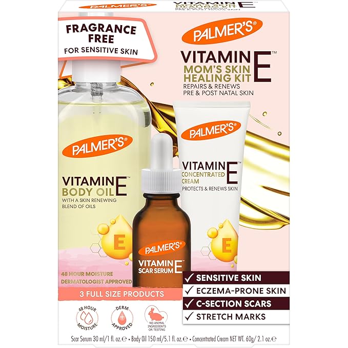 Palmer's Vitamin E Mom's Skin Healing Body Care Kit, Pregnancy and Postpartum Essentials Includes Body Oil, Scar Serum and Concentrated Body Cream-Velvo Beauty