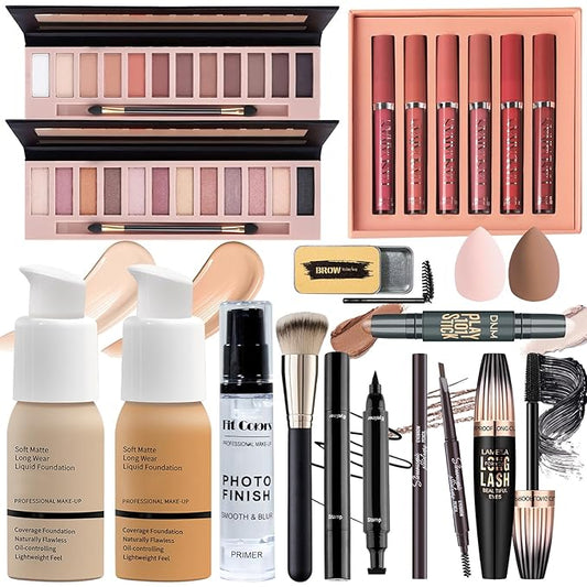 Full Makeup Set Kit for Women Girls Teens, Makeup Present Set, Foundation Face Primer, Eyeshadow Eyeliner Eyebrow Pencil Soap Mascara, Counter Stick Liquid Lipsticks, Brush & Sponges-Velvo Beauty