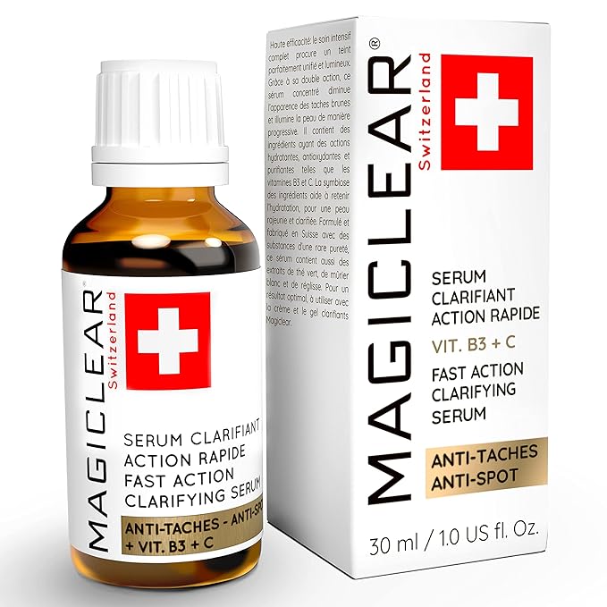 Luxury Swiss Dark Spot Remover for Face and Body Serum Gel Cream Age Sun Brown Spot Acne Freckles Corrector Melasma treatment Anti aging Skin Vitamin C + Niacinamide best organic brand Magiclear-Velvo Beauty