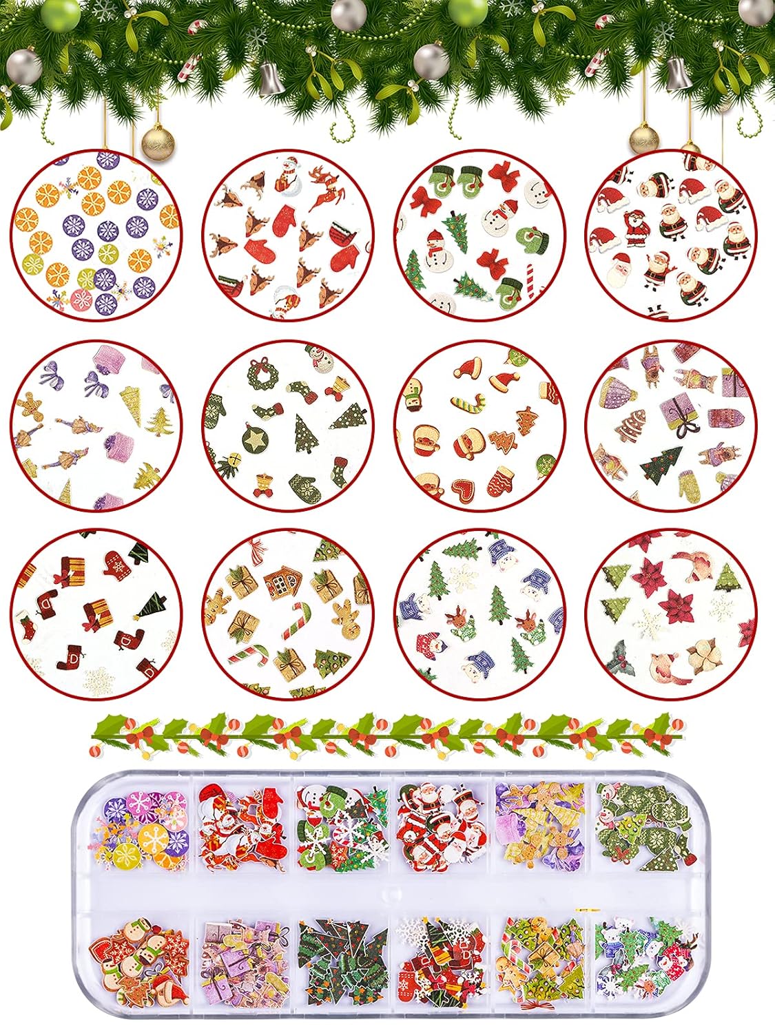 Kalolary 2 Boxes Christmas Nail Art Sequins Sticker, 3D Santa Claus Snowflake Elk Decals for Acrylic Nails, Christmas Tree Wood Pulp Glitter Flakes for Winter Nail Art Decorations-Velvo Beauty
