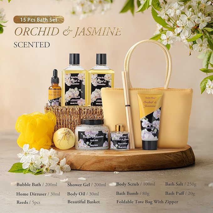 Mother's Day Gift for Mom Bath and Body Gift Basket Orchid & Jasmine Spa Gift Baskets for Women Fragrant Body Lotions, Bath Bomb, Home Spa Gift Basket Rich in Jojoba oil & Shea Butter, Bath Kit Sets-Velvo Beauty
