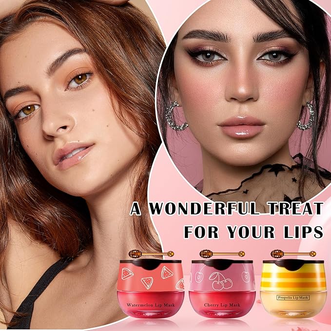 Honey Pot Lip Balm,3PCS Bee Lip Balm Honey Pot Cherry Watermelon Lip Scrub,Fade Lip Lines Prevention Dry and Cracked Lip Mask Overnight (Honey+Watermelon+Cherry)-Velvo Beauty