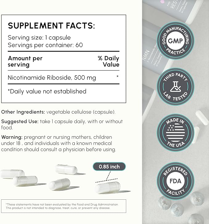 Nicotinamide Riboside (NR) 500mg – NR Supplement for Cellular Health, Anti-Aging, Energy & Metabolism Support – 2-Month Supply (60 Capsules)-Velvo Beauty