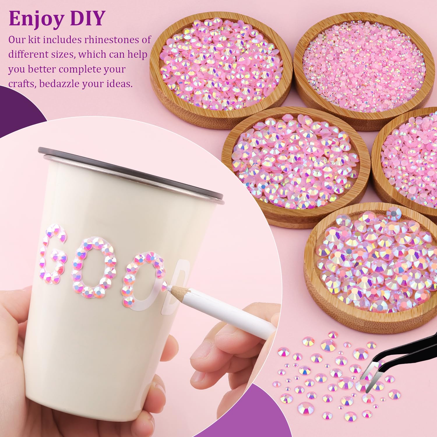 Resin Jelly Rhinestones for Crafting with B7000 Jewelry Glue, 2 Boxes Light Pink AB Flatback Crystals with 3Pcs 10ml Glue, Bedazzling Non Hotfix Gems for DIY Tumblers Clothing Shoes Manicure-Velvo Beauty