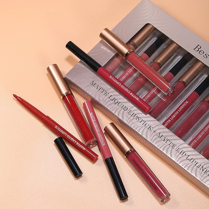 BestLand 12Pcs Matte Liquid Lipstick + Lip Liner Pens Set, One Step Lips Makeup Sets Pigment Velvety Nude Lip Stain Waterproof Long Wear Lip Gloss Make up Gift Set (Set B)-Velvo Beauty