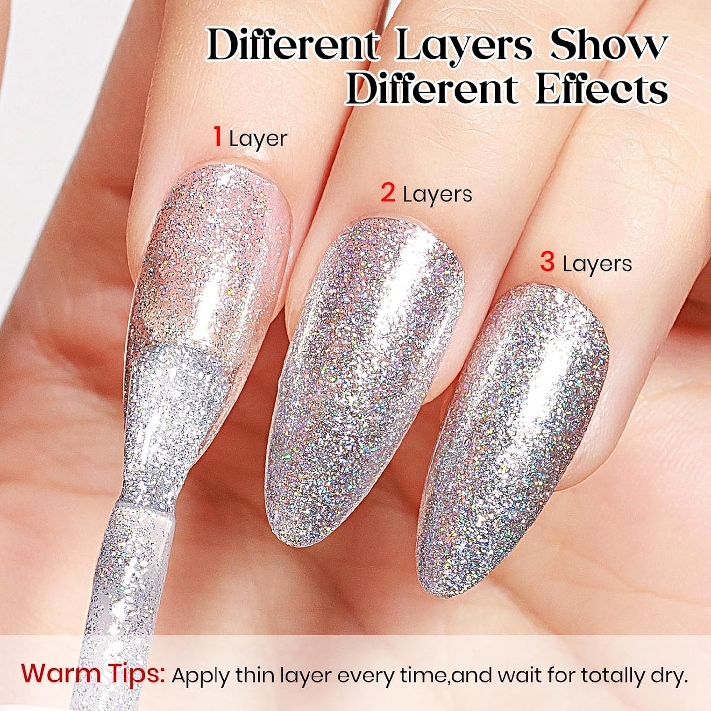 MIZHSE Quick Dry Glitter Nail Polish, Siver Rainbow Nail Polish Air Dry Fast, 15ml High Glossy Sparkly Shiny Shimmery Iridescent Silver Nail Art Salon Manicure Home-Velvo Beauty